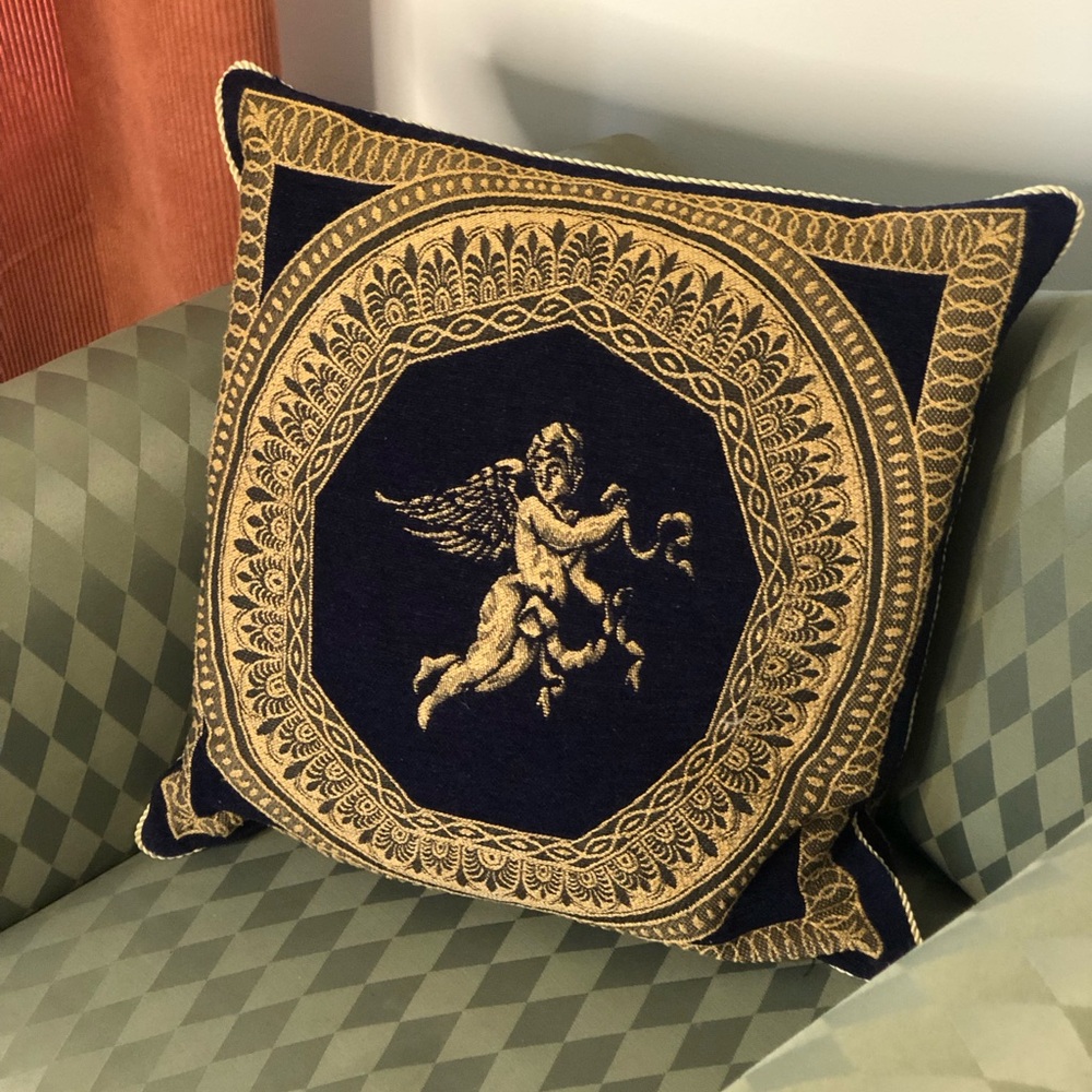 Elegant Navy Blue Cherub Accent Pillow - Gold Metallic Detailing